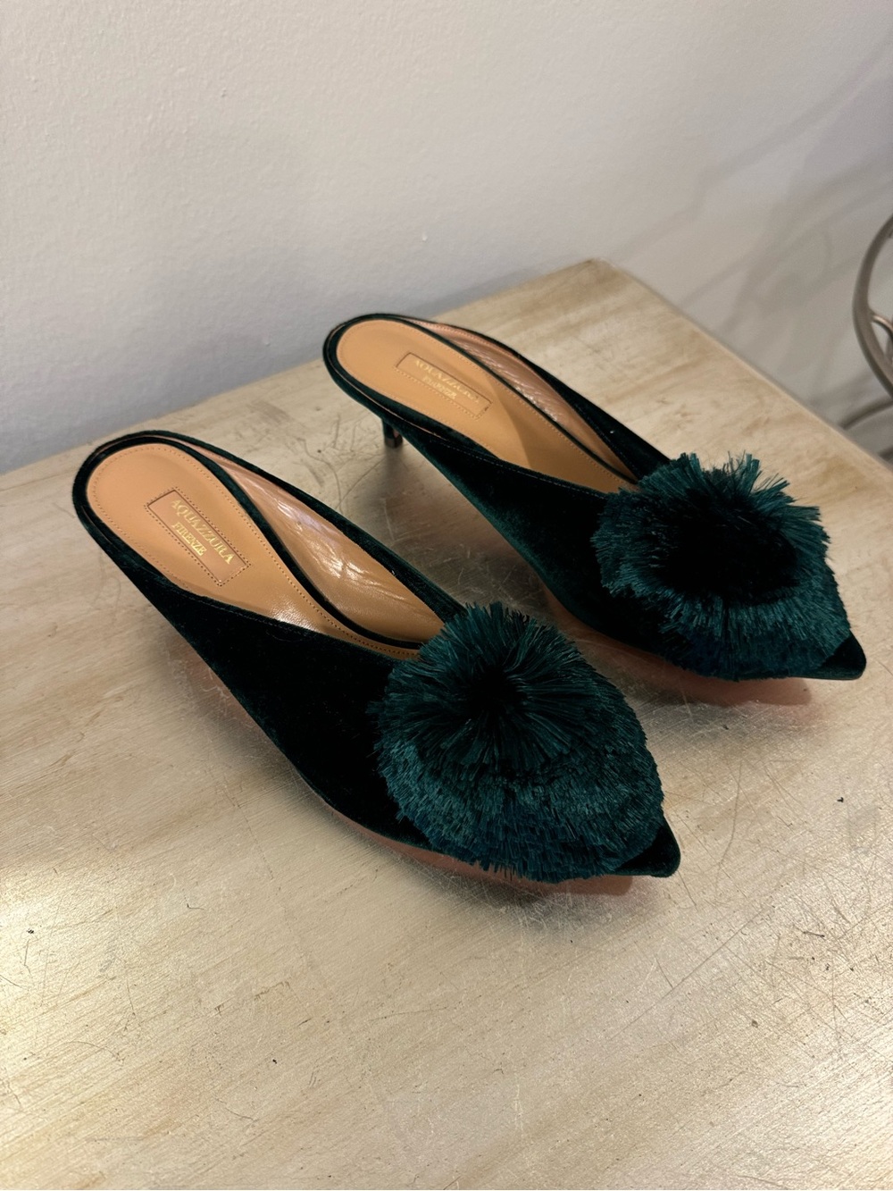 Aquazzura Powder Puff Green Velvet Mules - Picture 2 of 8